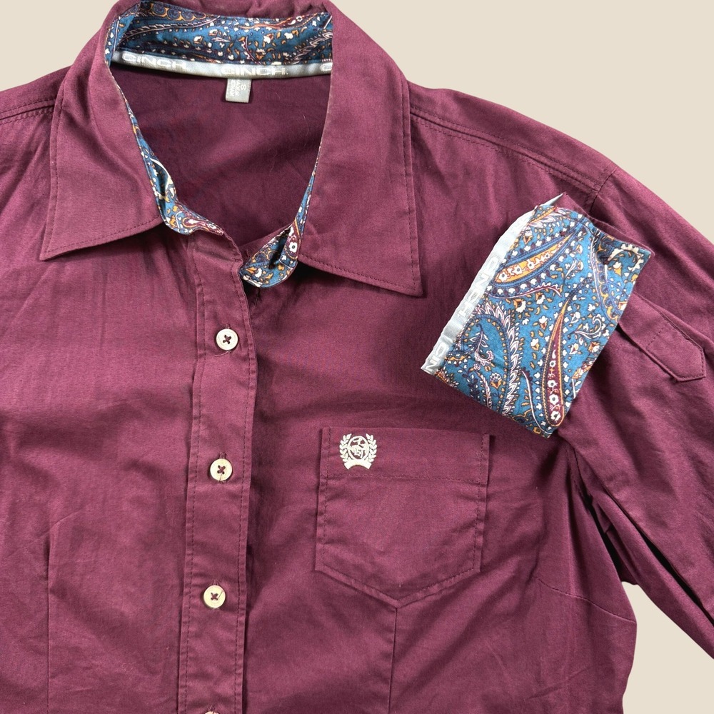 Cinch Button Down Shirt Women S Burgundy Western Paisley Trim Barrel Riding